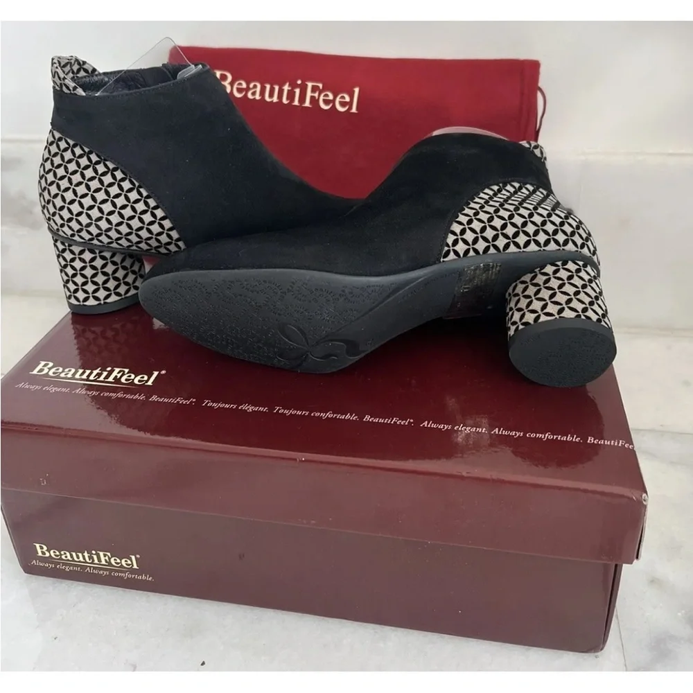 BeautiFeel Women's Dyna Bootie Black Suede Block Heel Grey Velvet Mosaic Zip 36